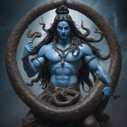 Lord Shiva, an Indian deity, with an intense, aggressive expression. A large snake is coiled around him. A thunderous, cosmic background encapsulates the scene.