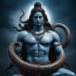 Lord Shiva, an Indian deity, with an intense, aggressive expression. A large snake is coiled around him. A thunderous, cosmic background encapsulates the scene.