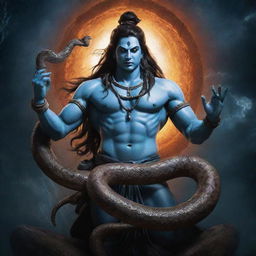 Lord Shiva, an Indian deity, with an intense, aggressive expression. A large snake is coiled around him. A thunderous, cosmic background encapsulates the scene.