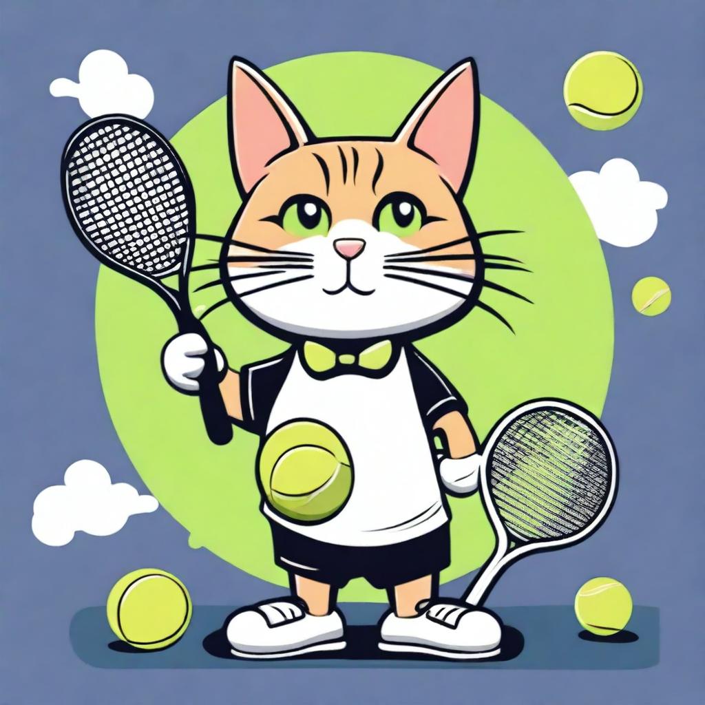 Create a whimsical and engaging T-shirt design featuring a playful cat dressed in tennis attire, holding a tennis racket, and surrounded by tennis balls