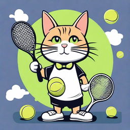 Create a whimsical and engaging T-shirt design featuring a playful cat dressed in tennis attire, holding a tennis racket, and surrounded by tennis balls