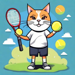 Create a whimsical and engaging T-shirt design featuring a playful cat dressed in tennis attire, holding a tennis racket, and surrounded by tennis balls