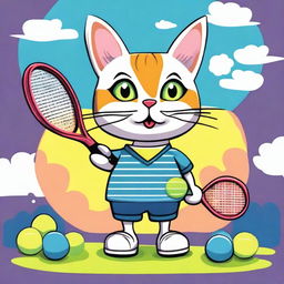 Create a whimsical and engaging T-shirt design featuring a playful cat dressed in tennis attire, holding a tennis racket, and surrounded by tennis balls