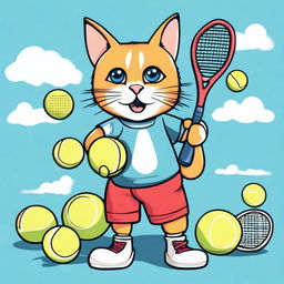 Create a whimsical and engaging T-shirt design featuring a playful cat dressed in tennis attire, holding a tennis racket, and surrounded by tennis balls