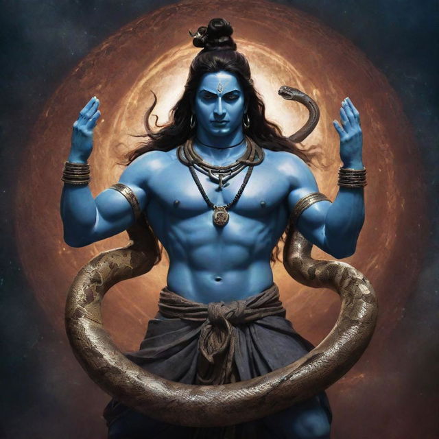 Lord Shiva, an Indian deity, with an intense, aggressive expression. A large snake is coiled around him. A thunderous, cosmic background encapsulates the scene.