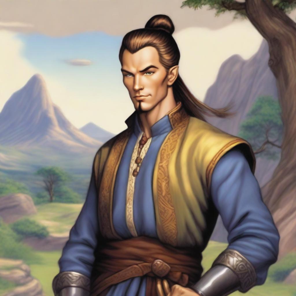 A male Kender from the Dragonlance universe, with mischievous eyes, pointed ears, and a topknot hairstyle