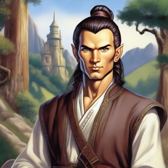 A male Kender from the Dragonlance universe, with mischievous eyes, pointed ears, and a topknot hairstyle