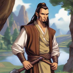 A male Kender from the Dragonlance universe, with mischievous eyes, pointed ears, and a topknot hairstyle