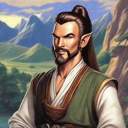 A male Kender from the Dragonlance universe, with mischievous eyes, pointed ears, and a topknot hairstyle