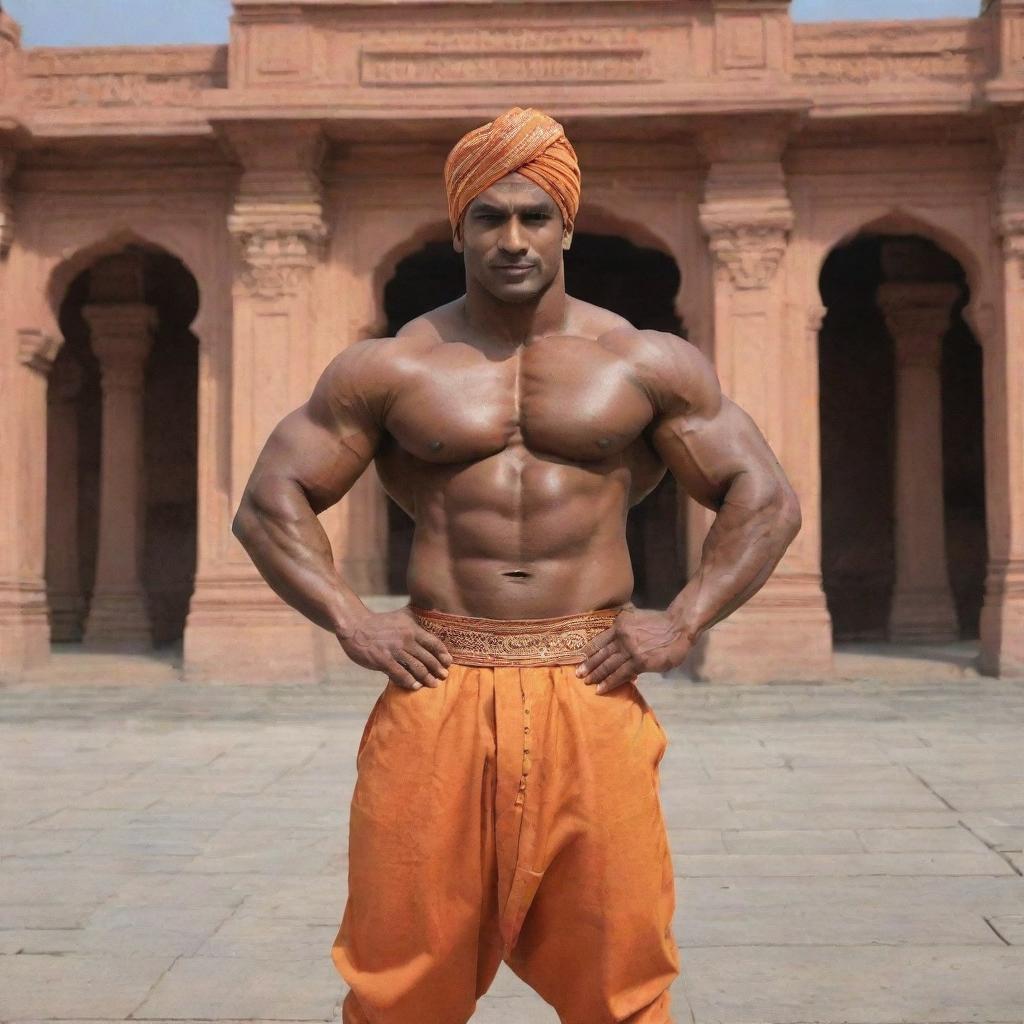 A bodybuilder version of a generic human figure, wearing traditional Indian attire, striking a pose in the grand surroundings of Ayodhya Ram Temple.