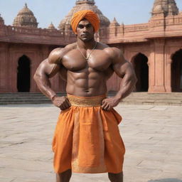 A bodybuilder version of a generic human figure, wearing traditional Indian attire, striking a pose in the grand surroundings of Ayodhya Ram Temple.