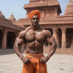 A bodybuilder version of a generic human figure, wearing traditional Indian attire, striking a pose in the grand surroundings of Ayodhya Ram Temple.