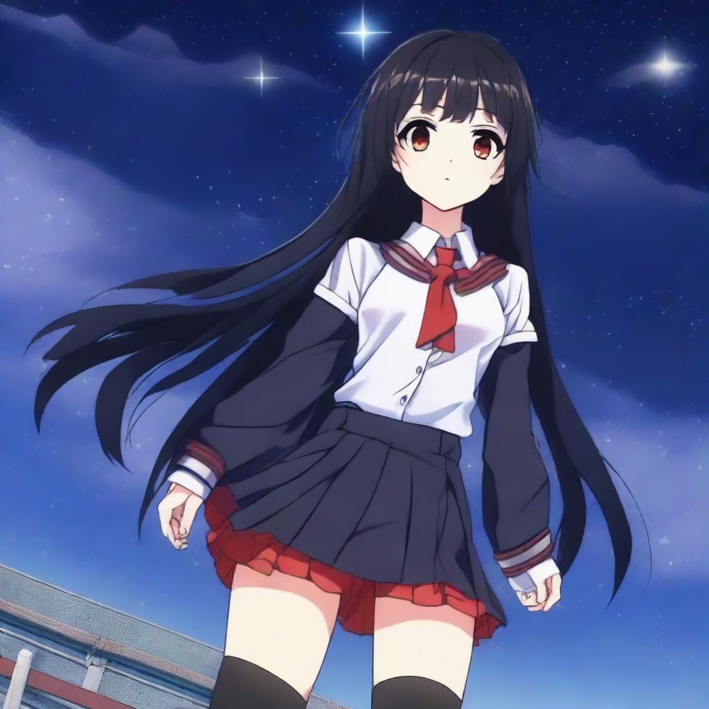 An anime-style girl with long black hair and red eyes, wearing a Japanese school uniform in black and red, long black stockings, and red boots