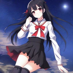 An anime-style girl with long black hair and red eyes, wearing a Japanese school uniform in black and red, long black stockings, and red boots