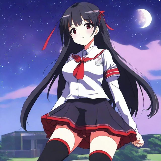 An anime-style girl with long black hair and red eyes, wearing a Japanese school uniform in black and red, long black stockings, and red boots