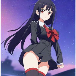 An anime-style girl with long black hair and red eyes, wearing a Japanese school uniform in black and red, long black stockings, and red boots