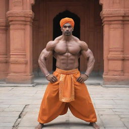 A bodybuilder version of a generic human figure, wearing traditional Indian attire, striking a pose in the grand surroundings of Ayodhya Ram Temple.