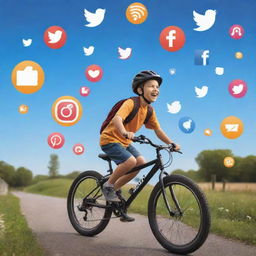 A young boy cycling joyfully on a path surrounded by floating social media icons such as Facebook, Instagram, Twitter and YouTube, in a playful, vibrant and engaging concept art style.