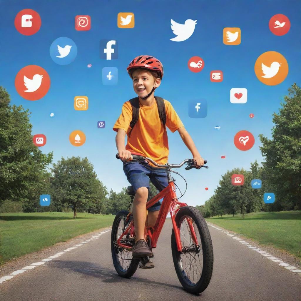 A young boy cycling joyfully on a path surrounded by floating social media icons such as Facebook, Instagram, Twitter and YouTube, in a playful, vibrant and engaging concept art style.