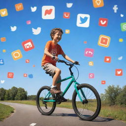 A young boy cycling joyfully on a path surrounded by floating social media icons such as Facebook, Instagram, Twitter and YouTube, in a playful, vibrant and engaging concept art style.