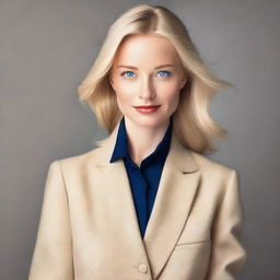 A blonde woman with blue eyes dressed in chic, fashionable clothing