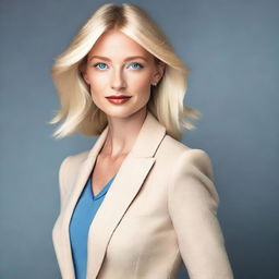 A blonde woman with blue eyes dressed in chic, fashionable clothing