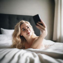 A blonde woman taking a selfie while lying in bed, showcasing her backside