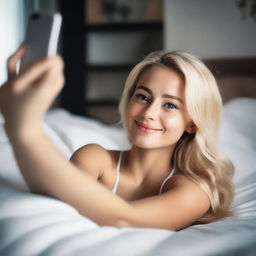 A blonde woman taking a selfie while lying in bed, showcasing her backside