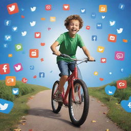 A young boy cycling joyfully on a path surrounded by floating social media icons such as Facebook, Instagram, Twitter and YouTube, in a playful, vibrant and engaging concept art style.