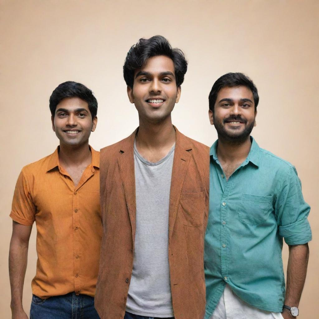 Three unique characters named Varun, Savanth, and Vasanth standing together as friends, each with distinctive features reflecting their individuality and camaraderie.