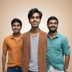 Three unique characters named Varun, Savanth, and Vasanth standing together as friends, each with distinctive features reflecting their individuality and camaraderie.