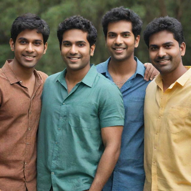 Three unique characters named Varun, Savanth, and Vasanth standing together as friends, each with distinctive features reflecting their individuality and camaraderie.