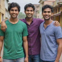 Three unique characters named Varun, Savanth, and Vasanth standing together as friends, each with distinctive features reflecting their individuality and camaraderie.