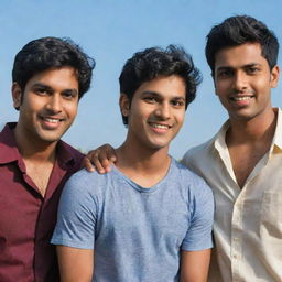 Three unique characters named Varun, Savanth, and Vasanth standing together as friends, each with distinctive features reflecting their individuality and camaraderie.