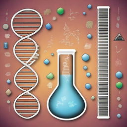 Create an image that represents the fields of biology, chemistry, physics, computer science, and math