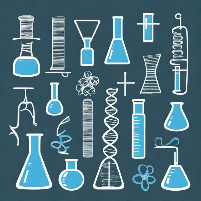 Create an image that represents the subjects of biology, chemistry, physics, computer science, and math, with a blue background