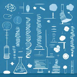 Create an image that represents the subjects of biology, chemistry, physics, computer science, and math, with a blue background