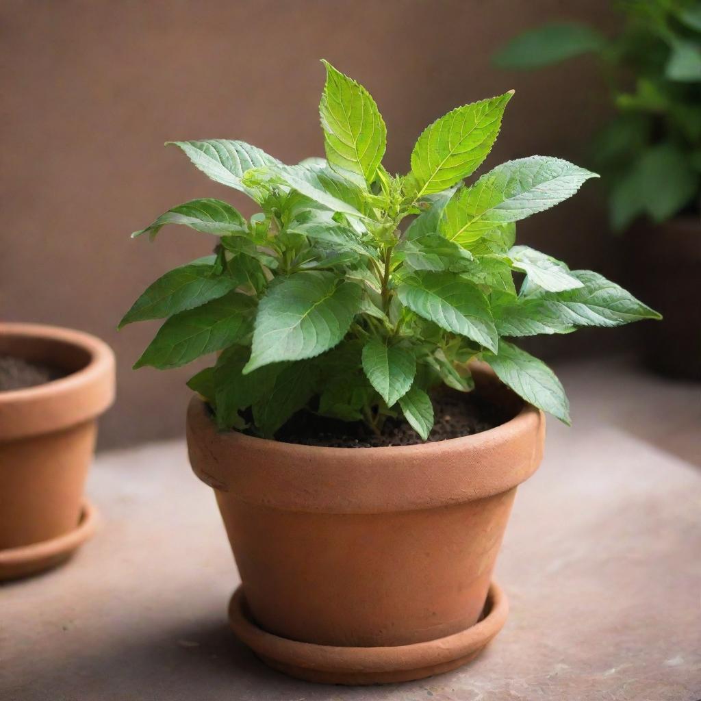 A vibrant Tulsi plant, also known as Holy Basil, freshly planted in a rustic terracotta pot. Sunlight filters through its rich green leaves, creating a calming and serene ambiance.