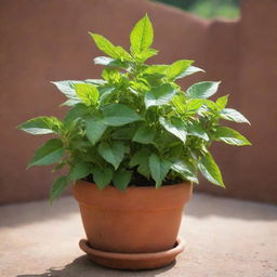 A vibrant Tulsi plant, also known as Holy Basil, freshly planted in a rustic terracotta pot. Sunlight filters through its rich green leaves, creating a calming and serene ambiance.