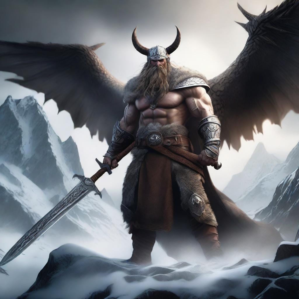 A powerful Viking barbarian warrior god stands triumphantly over a slain dragon