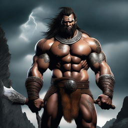 A realistic depiction of a barbarian god, standing tall and imposing