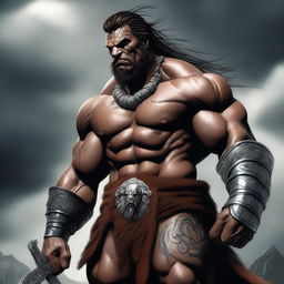 A realistic depiction of a barbarian god, standing tall and imposing