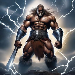 A powerful barbarian god of thunder stands amidst a raging storm