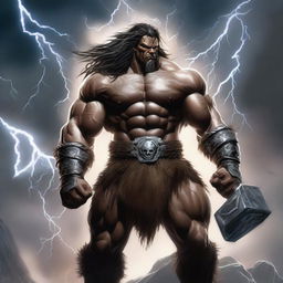 A powerful barbarian god of thunder stands amidst a raging storm