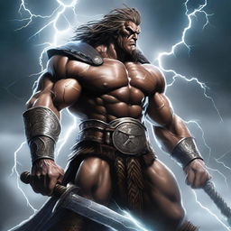 A powerful barbarian god of thunder stands amidst a raging storm