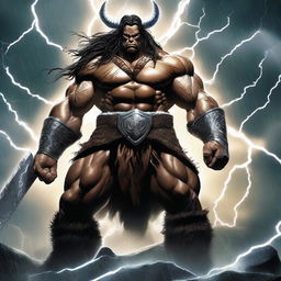 A powerful barbarian god of thunder stands amidst a raging storm