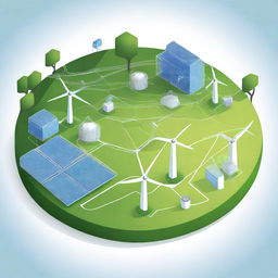 Create an illustration of a smart electricity grid featuring a complex network graphic