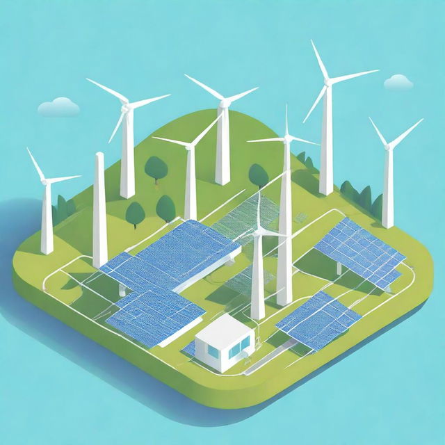 Create an illustration of a smart electricity grid featuring a complex network graphic