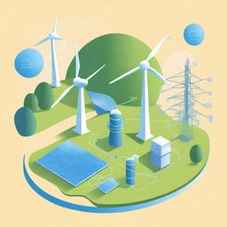 Create an illustration of a smart electricity grid featuring a complex network graphic