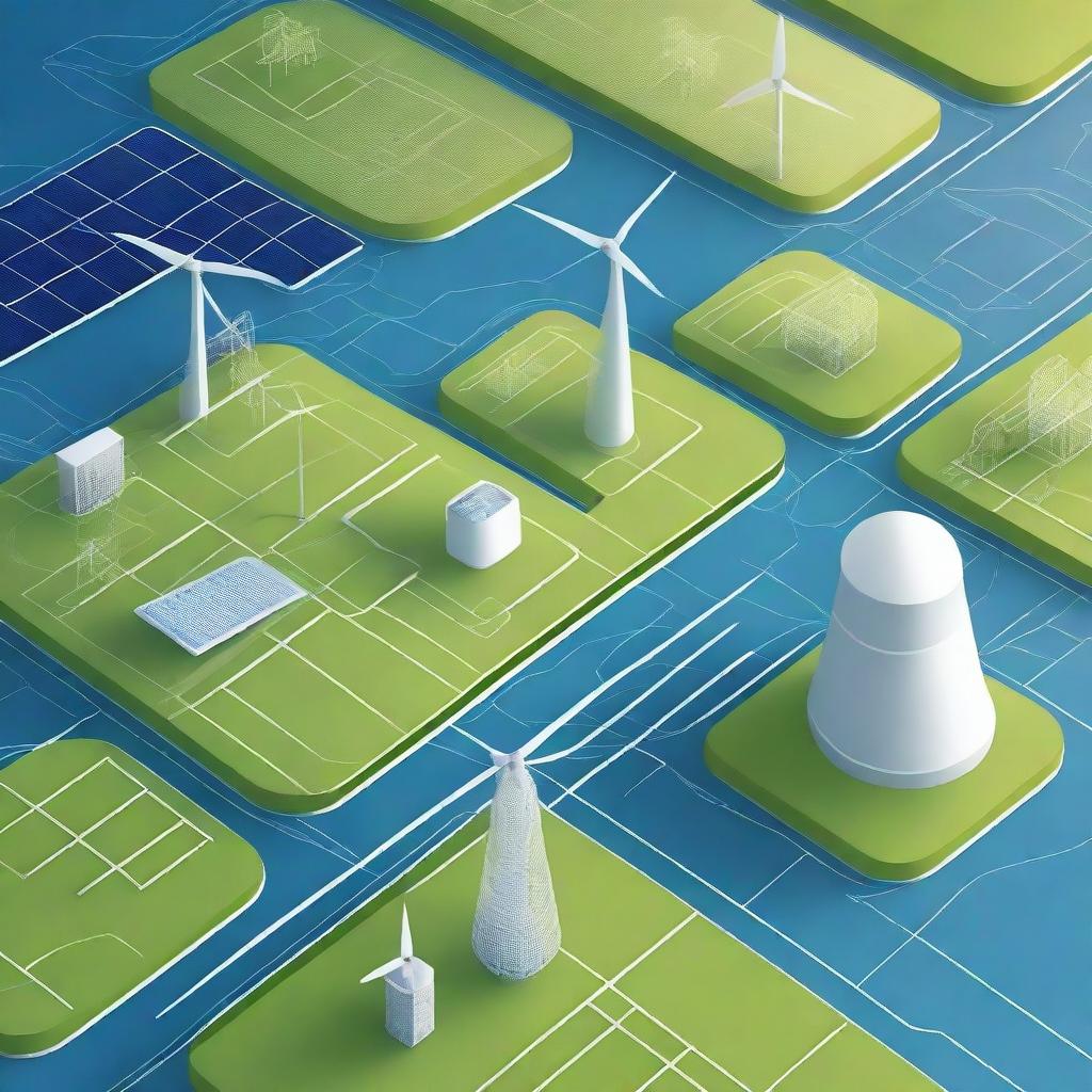 Create an illustration of a smart electricity grid featuring a complex network graphic